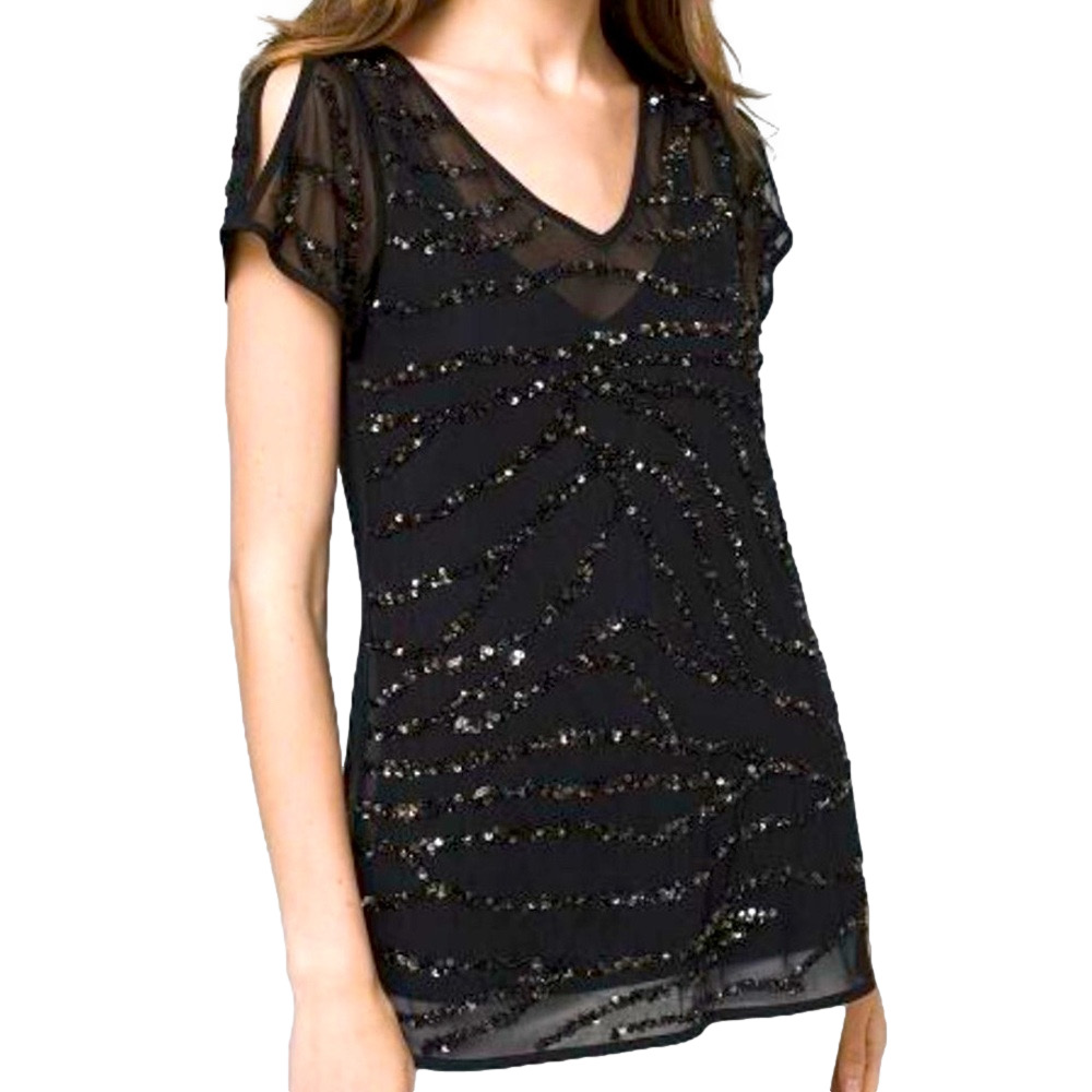 🍀 3 for $25 WHBM Top Black Sequin Casual Size Small Short Sleeve